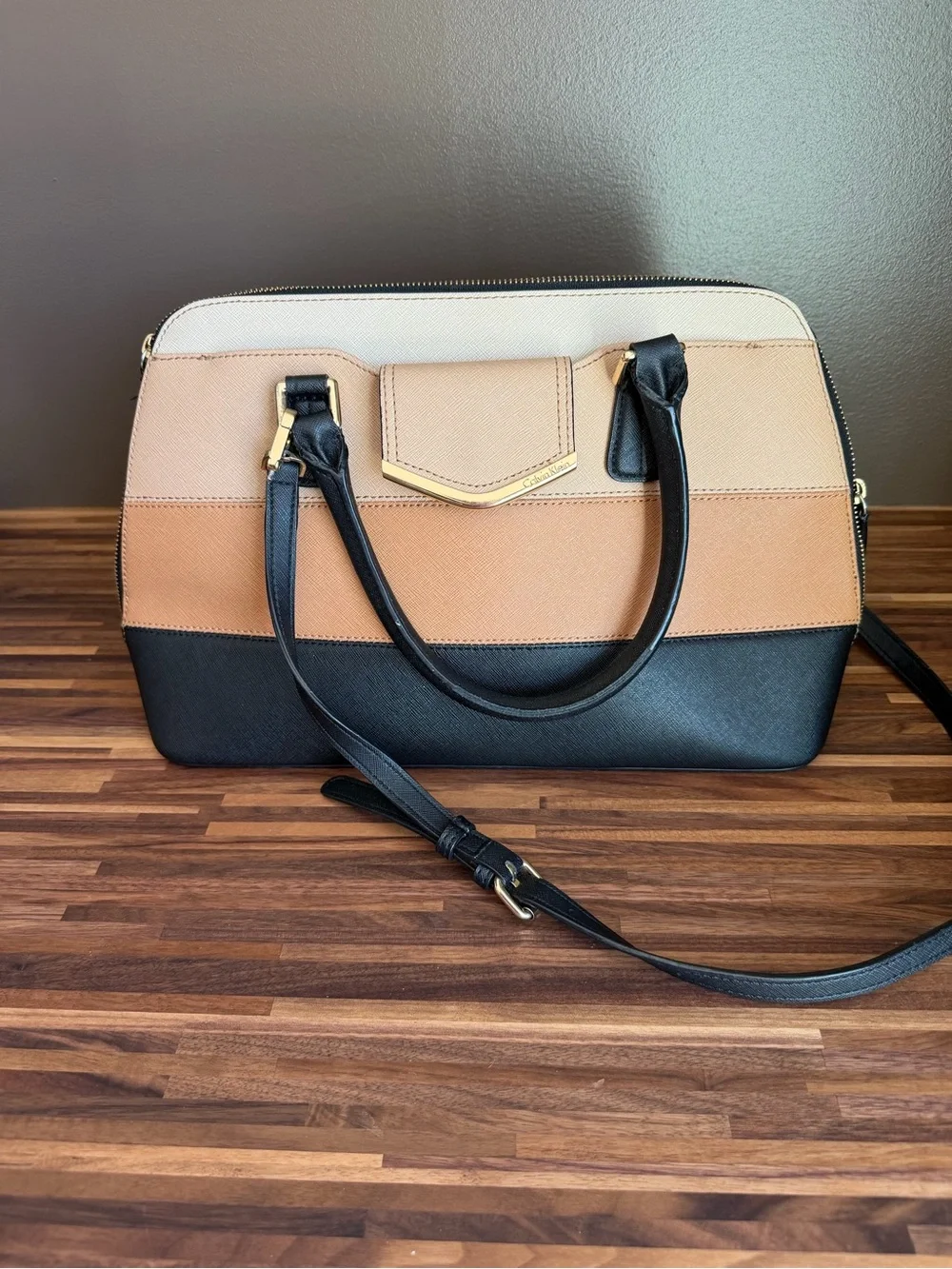 Calvin Klein Colorblock Dome Satchel in Black, Tan & Cream